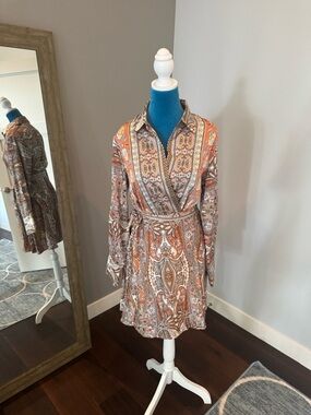 Lulu’s Paisley Wrap Shirt Dress in Orange/Rust and Brown